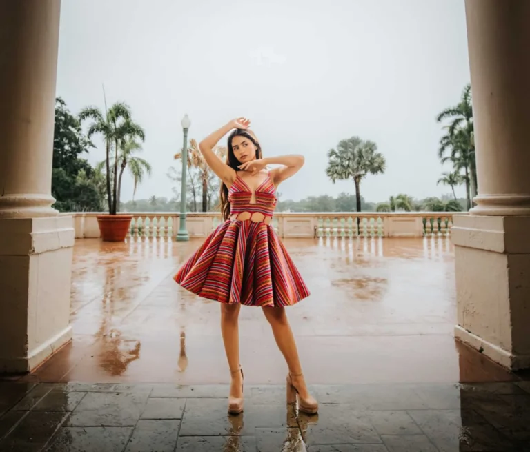 This is an image of a lady wearing a custom made inca style dress made by Betzabe Pujaico Designs in North Miami, FL.