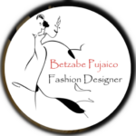 The Betzabe Pujaico Desings Logo placed on a black round background. The logo includes a woman's silhouette drawn in thin pencil lines. By looking at the drawn lines you can tell she is wearing a stylish dress. The words "Betzabe Pujaico Fashion Designer" are also printed on the logo.